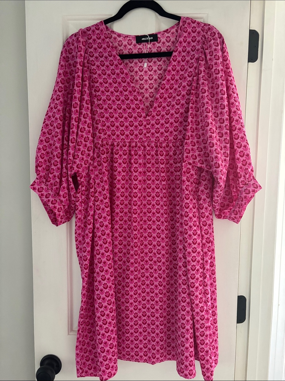 Adorable Pink Printed V-Neck Babydoll Dress